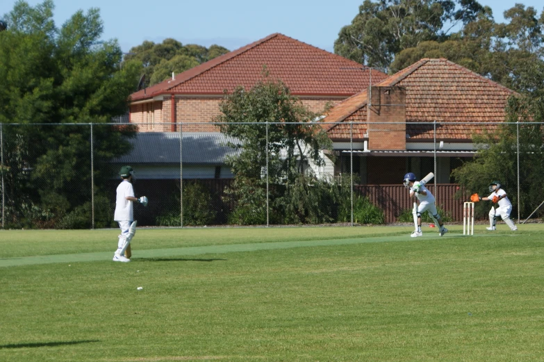 men on a grass field playing cricket