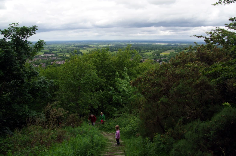 three people walking up the steps in the woods