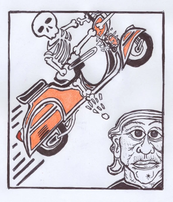 a drawing with an image of a man riding a motorcycle and skull riding a motorcycle