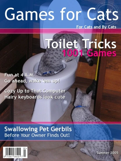 a magazine is displaying the cover of an adult cat sitting in a toilet