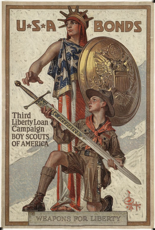 a vintage poster from the usa depicts a young man with two swords