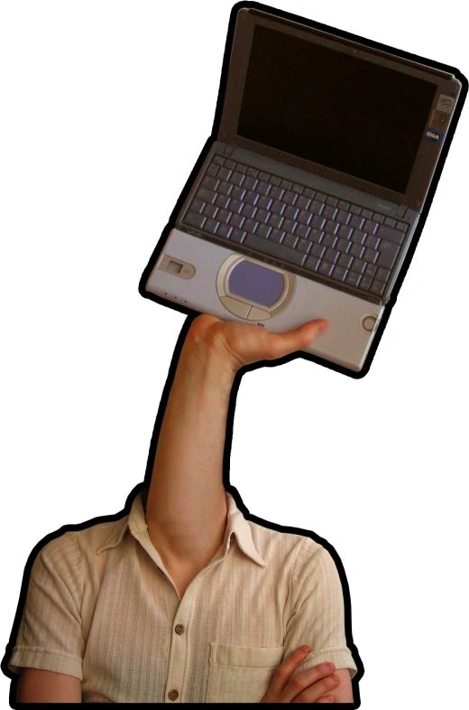 man holding up a laptop in front of his head