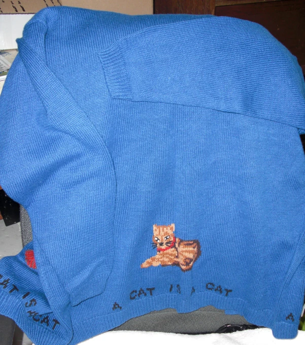a blue sweater has an embroidered cat on it