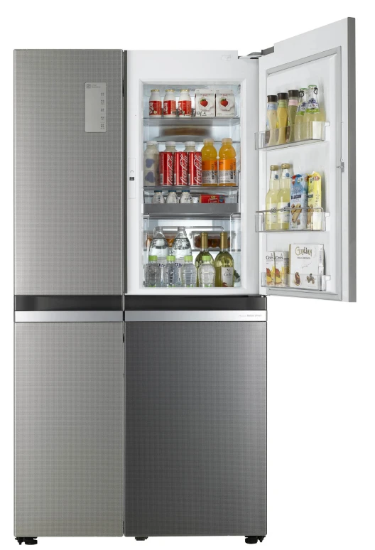 a silver and white refrigerator with doors open