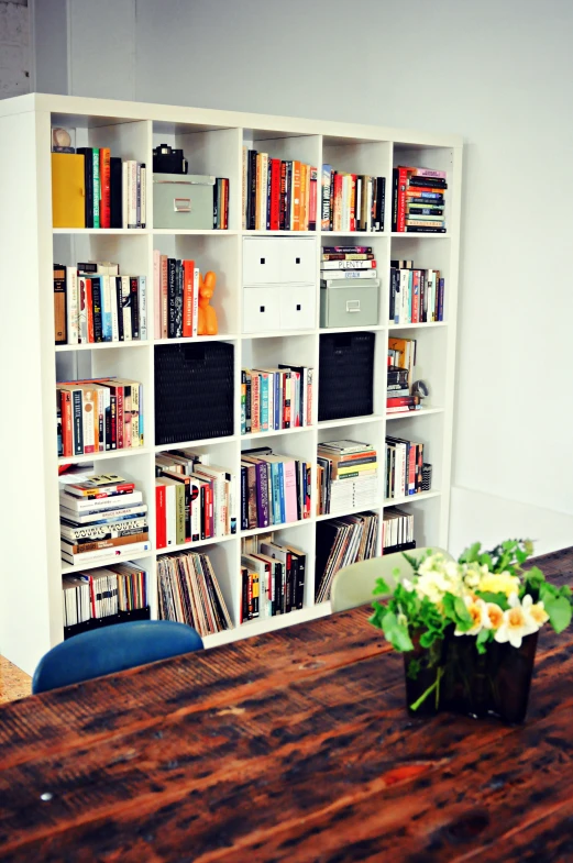 a liry shelf is filled with books in white frames