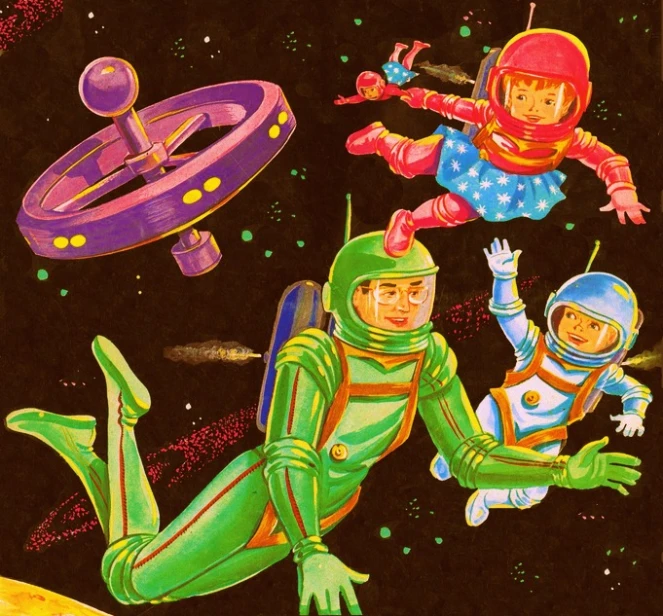the children are playing in outer space while the astronauts fly by