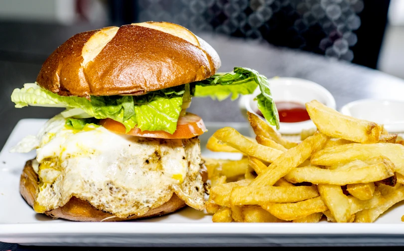 a plate with fries and a hamburger on it