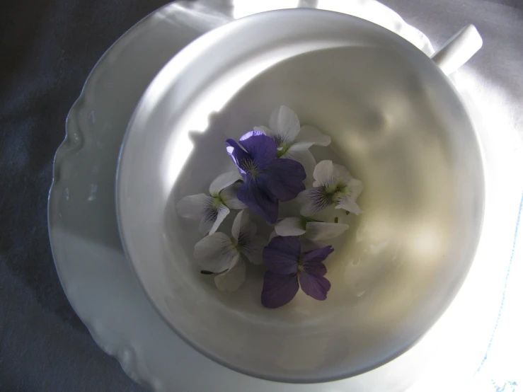 a white bowl holds purple and white flowers