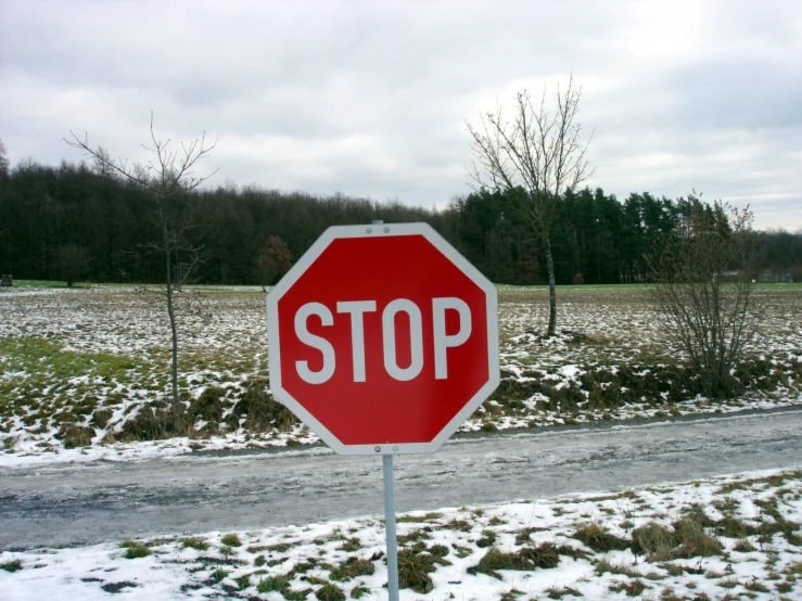 an image of stop sign on snowy road