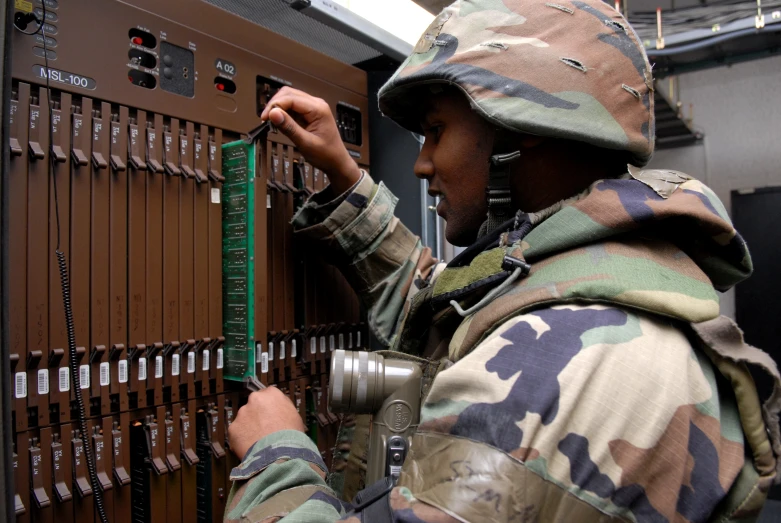 a soldier in the military inspecting the meter