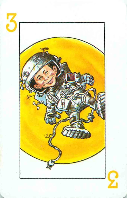 a card depicting an astronaut floating on his legs