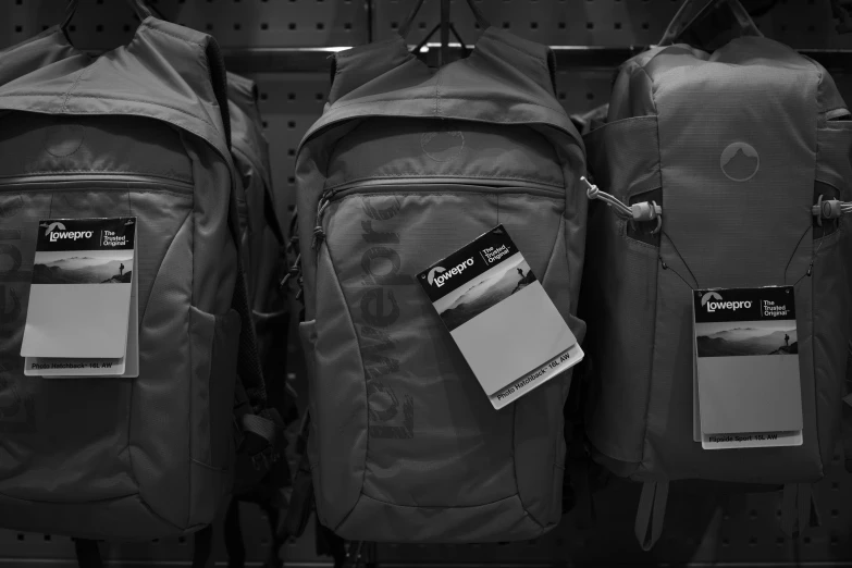 a couple of backpacks that are sitting on some shelves