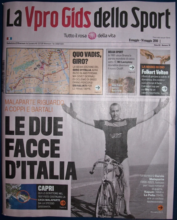a newspaper front page with a man on a bike