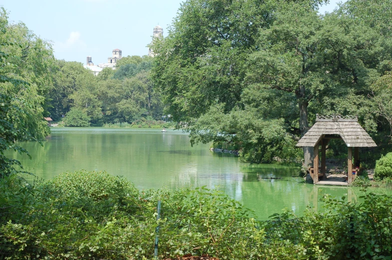 a gazebo sits on the bank of the water