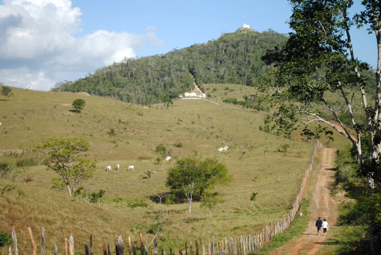 two people are walking up the dirt road