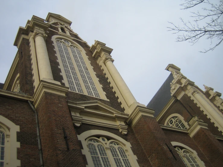 looking up at the tops of two large steeples