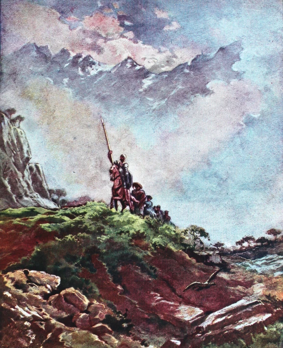 a painting of a group of men on horses standing on top of a hill