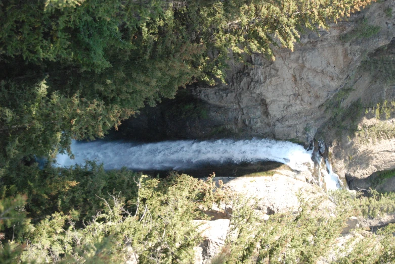 a waterfall surrounded by lush green forest next to a cliff