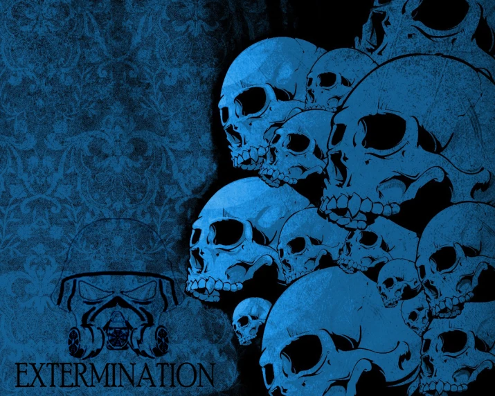 a bunch of skulls are blue and white with a blue background