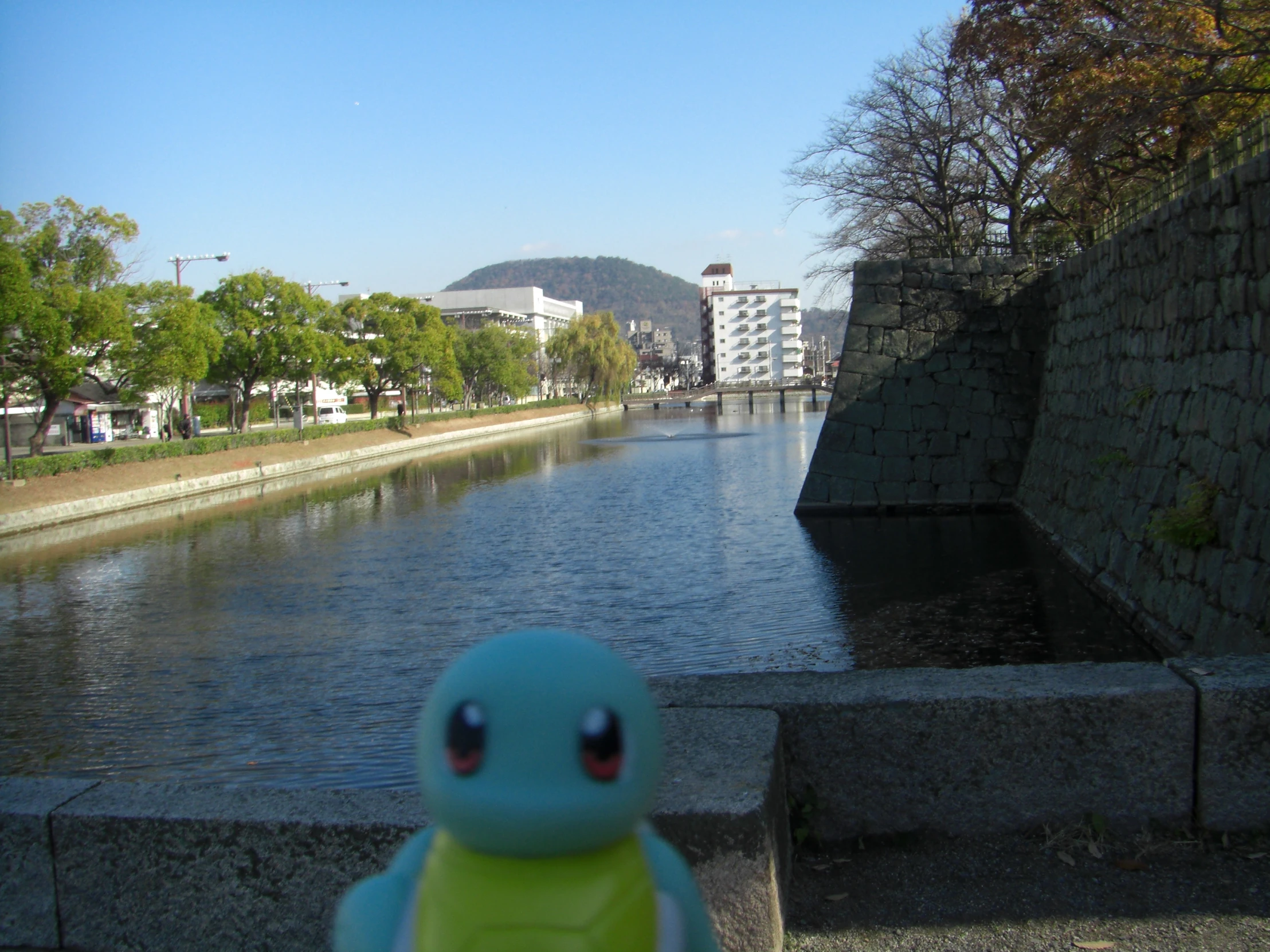 a stuffed toy is sitting in front of the river