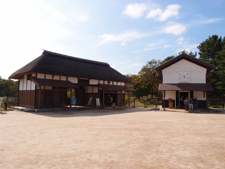 two buildings with thatched roofs are seen in a rural area