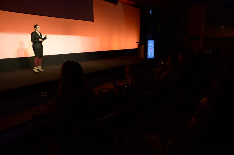 a person standing on stage speaking at an event