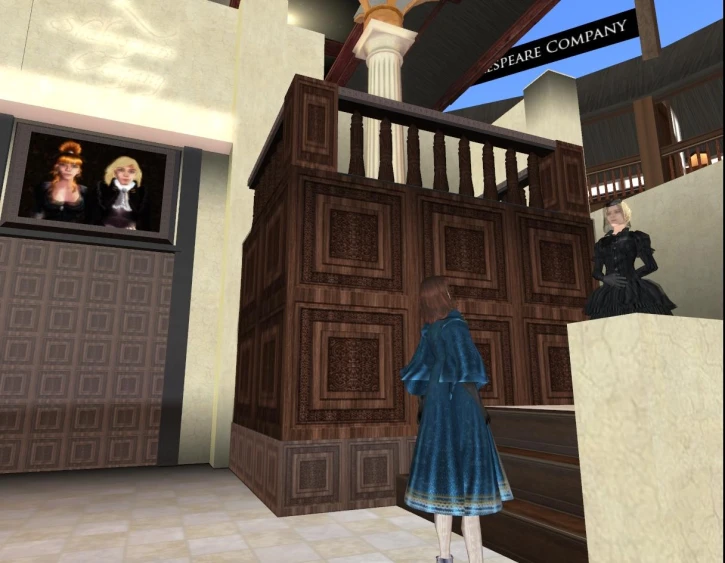 a virtual woman in blue is standing outside