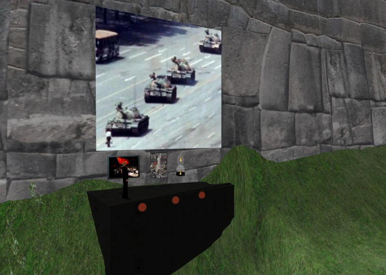 an interactive game shows a large screen with tanks going down a hill