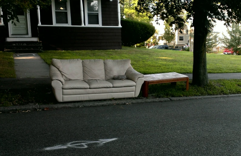 the couch is next to a tree and some grass
