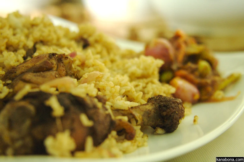 a plate full of food with meat and rice