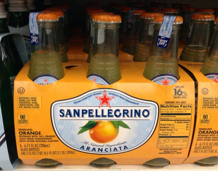 a pack of san pellecchino bottled soft drinks