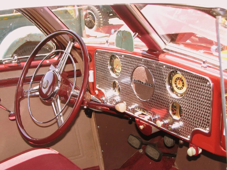 a dashboard view of a vintage fire truck
