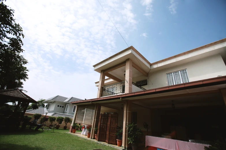 a house is seen from the ground level