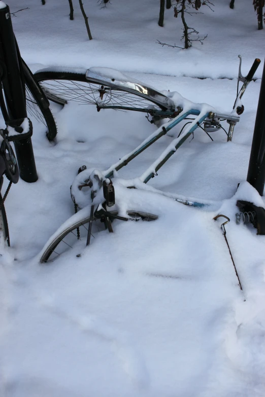the bike and its tires in the snow are tangled to poles