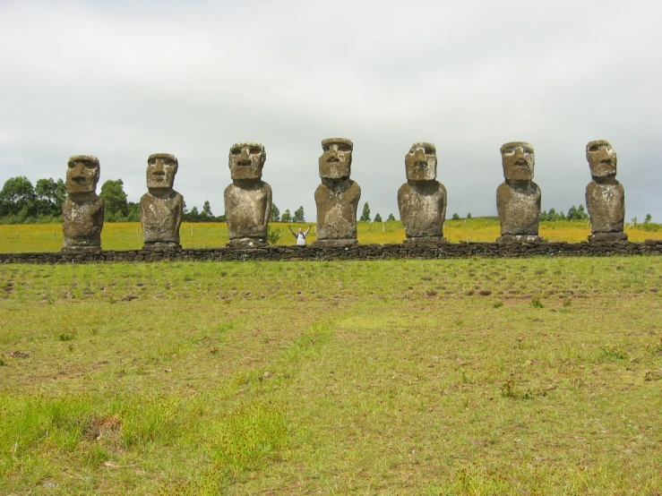 there is a grass field and many statues