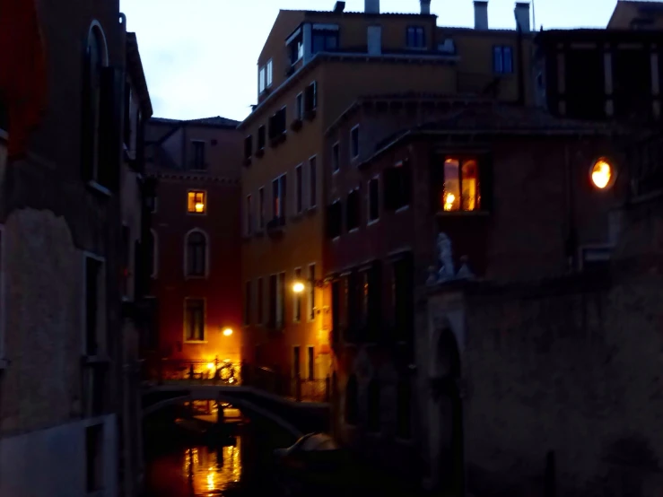 a canal with several lights running down it