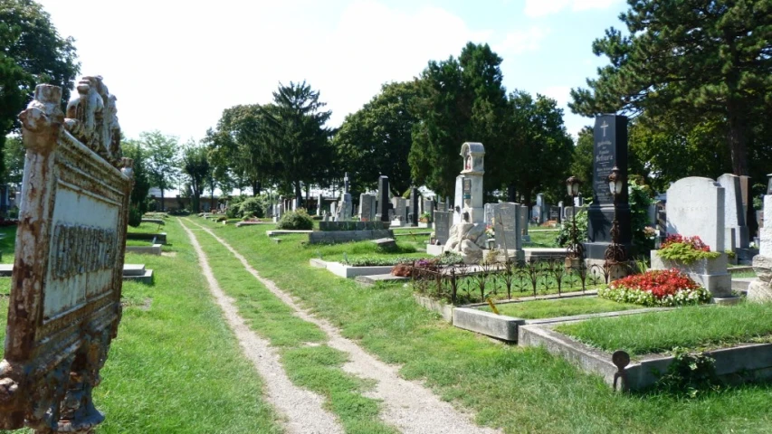 a cemetery in a wooded area, with some headstones