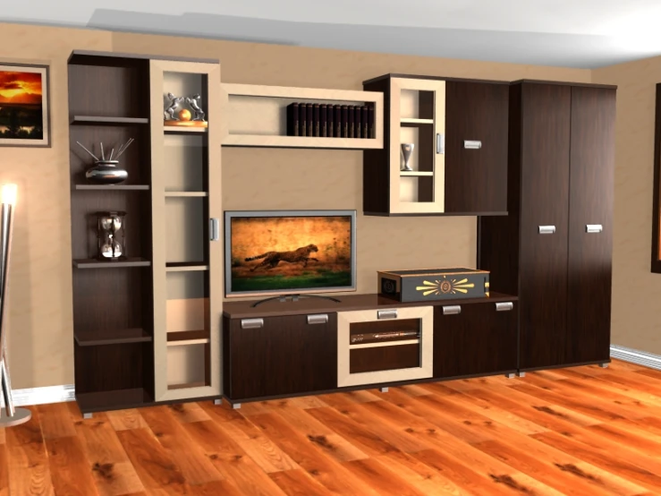 a television with bookshelves and shelves is shown in the living room