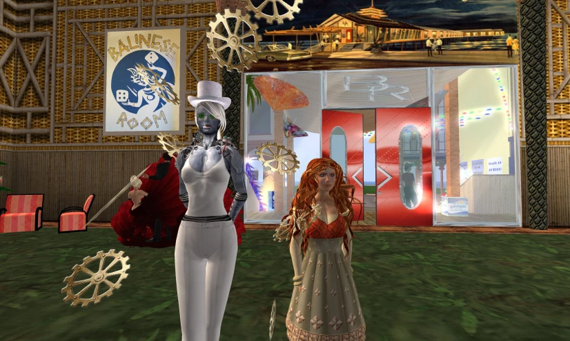 a woman standing next to a mannequin with a clock hanging off of its back