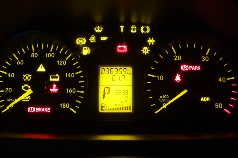the dashboard with illuminated lights indicates speed, meter and warning