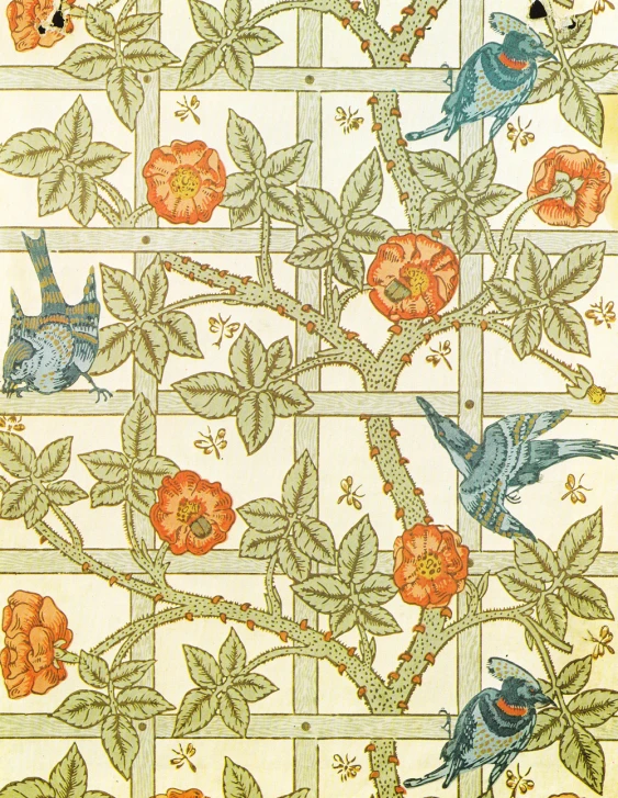 a drawing of birds on leaves and flowers, with two orange roses