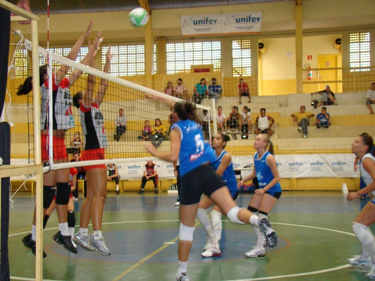 women playing volley ball and spectators watching