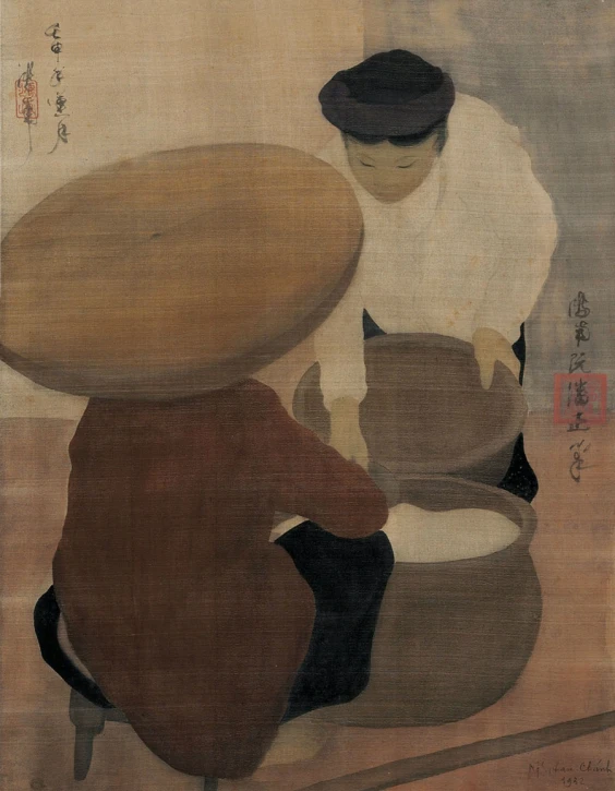 a painting of men carrying large potted objects in a chinese style