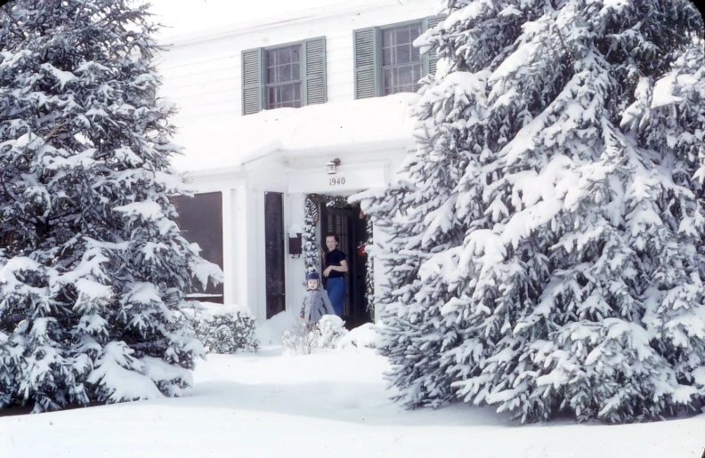 a house surrounded by snow and trees with a woman entering the door