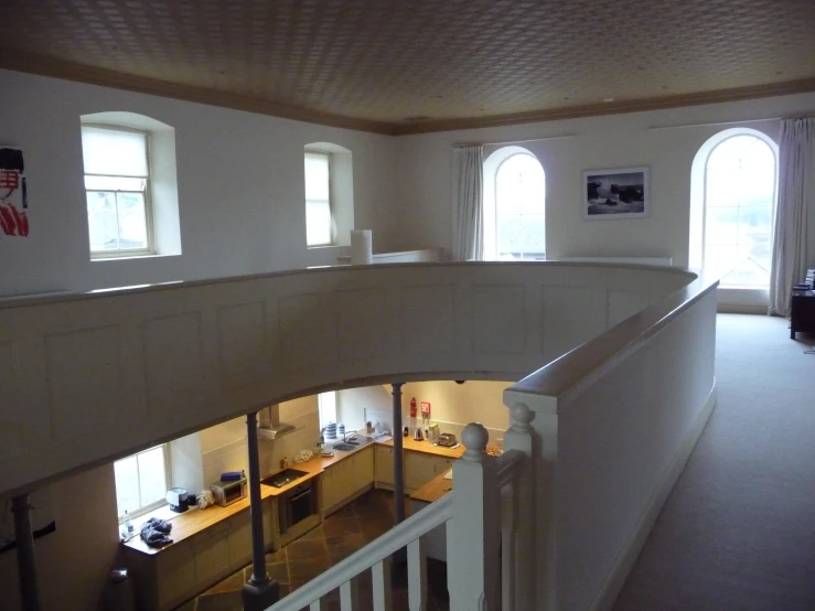 an overhead view of a stairwell and two windows