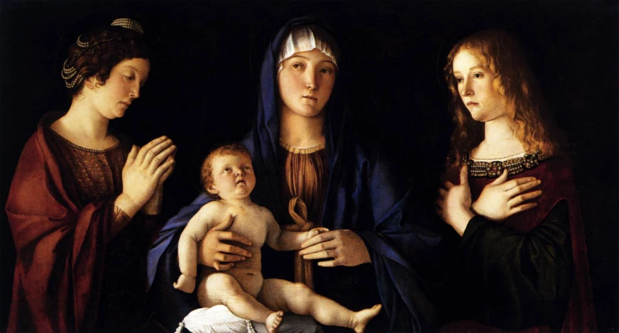 a painting of jesus holding an infant being handed a rosary