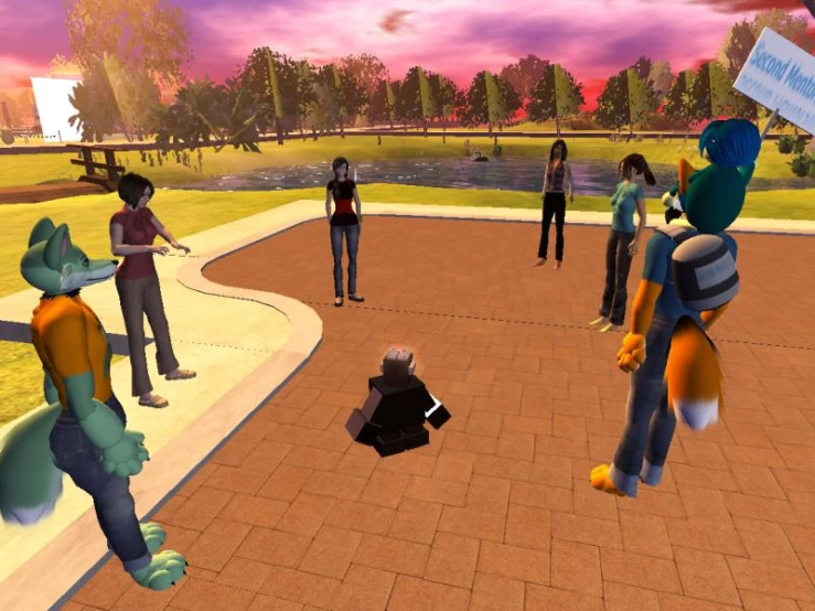 a group of animated characters playing outside with a dog