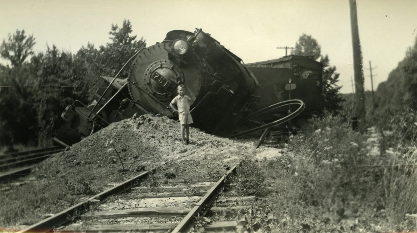 black and white image of a train wreck