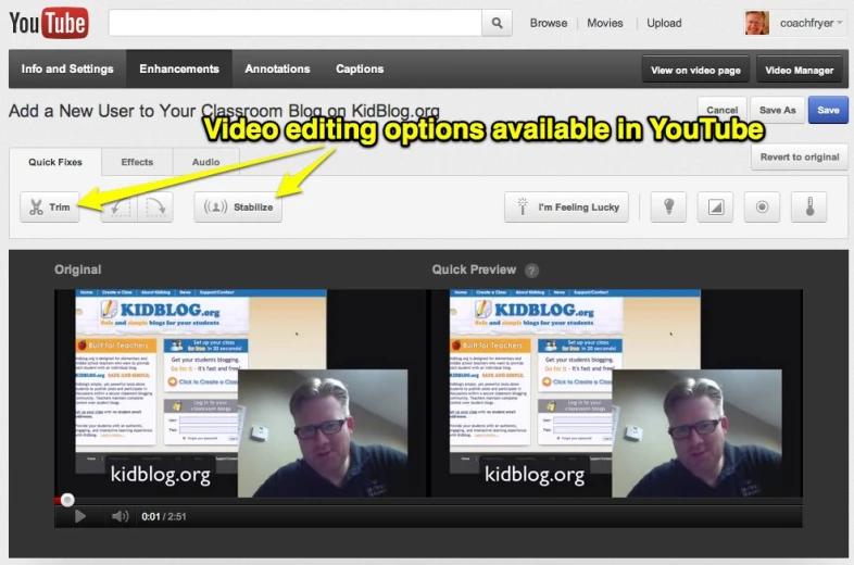 an example from the youtube video section with video editing options highlighted