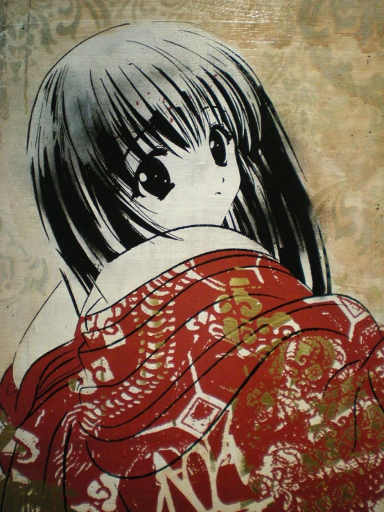 a painting shows a  with an anime avatar in front